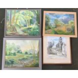 Three 20th century oil paintings by Philippa Hill plus a print by Frank Watson of Ceres Parish
