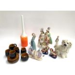 A studio glass vase; Lladro figurine; Prinknash coffee set; Staffordshire dogs; flatback figurine