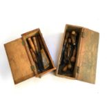 Two vintage boxes containing a small quantity of hand tools, including chisels and gauges by various