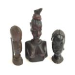 Three ebony carved African busts, the largest 23cmH