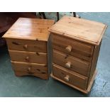 Two pine bedside cabinets, each with three drawers, one 57cmH, the other 68cmH