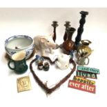 A mixed lot to include ceramic pig figurine, several candlesticks, studio pottery vase, brass