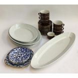 A set of four Pillivuyt oval dishes; together with a Apilco French part coffee set and three blue