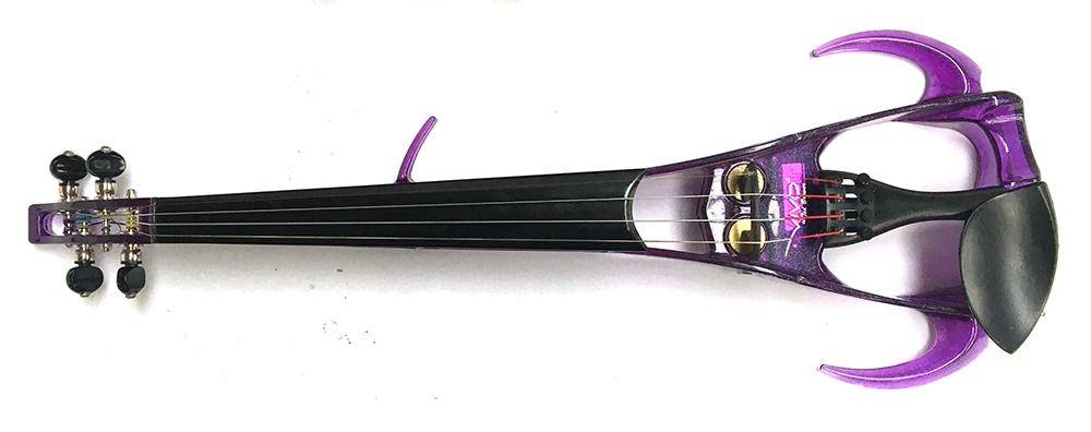 A Ted Brewer Vivo 2 electric violin, in purple, with two bows, shoulder rest and other