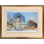 After William Russell Flint, 831/850, nude ladies relaxing in a room, with studio blind stamp,