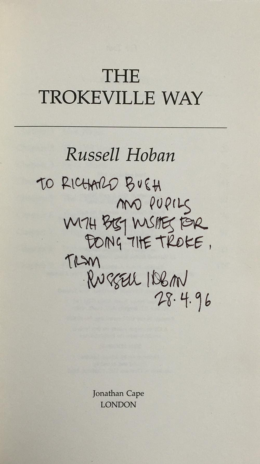 Russell Hoban, 'The Trokeville Way', 1st ed. Jonathan Cape 1996, signed, dated and dedicated by - Bild 2 aus 2