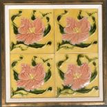 A framed set of four Edwardian tiles, each 15x15cm