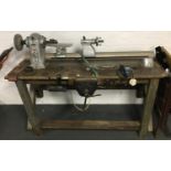 A Myford lathe on scratch built bench with Arkinson's vice