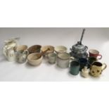 A mixed lot of ceramics to include Doulton Burslem mug ; jelly moulds; mortar and pestle; studio