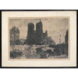 A black and white mezzotint of Notre Dame by Leonard R Squarrel (?), signed and dated in pencil,