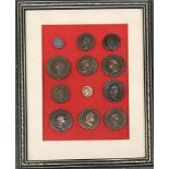 12 Roman coins, framed