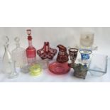 A mixed lot of glassware to include cranberry glass decanter, sweet meat basket, jug etc; various