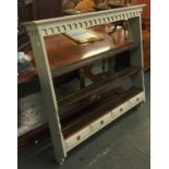 A dresser top, three shelves and four small drawers, partly painted in grey, 120cmW