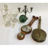 A mixed lot to include a brass chestnut roasting pan; green glass float; candlestick holder;