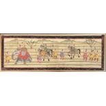 An Indian painting of a hunting party, on cloth laid on board, 34x99cm