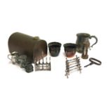 A mixed lot of metal items to include copper hot water bottle; good plated five division toast rack;