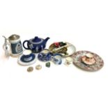 A mixed lot of ceramics and other items to include a dark blue Wedgwood Jasperware teapot, several