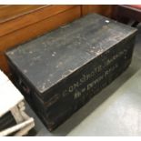 A black painted wooden chest with metal banding, 70cmW