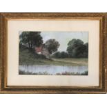 British school, 19th century watercolour, barn and pond, 29x45cm