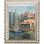 Joan Saxby, harbour scene, oil on board, signed, 48x37cm