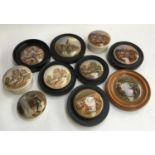 A collection of 10 ceramic Prattware pot lids, to include Trinity Church; Seven Ages of Man;