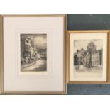 An etching of Staple Inn, London, indistinctly signed and titled in pencil, together with one other,