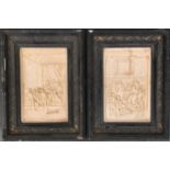 A pair of framed resin moulded plaques in relief of Elizabethan court scenes, 29.5x18cm