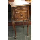 A continental pot cupboard, marble top (af), shaped edge, drawer over cupboard door, quarter