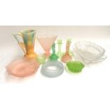A mixed lot of coloured and uranium glass, to include Art Deco centrepiece in the form of a lady,