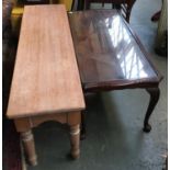 A pine hall bench, 118cmW; together with a coffee table with glass inset top, 97cmW