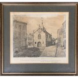 A 19th century engraving of the Guildhall, Chard, Removed May 1834, 25x29cm