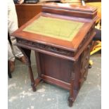 A mahogany davenport desk, green leather skiver with fitted interior and carved decoration, 55cmW