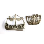 Two silver brooches in the form of ships, one marked Iona, Scotland