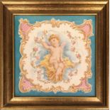 A hand painted 19th century French tile depicting cupid, 19x19cm