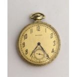 A gold filled Waltham pocket watch, the gold face with Arabic numerals and subsidiary seconds at