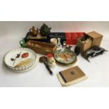 A mixed lot to include six cut crystal wine glasses, vintage door plates and door furniture, desk