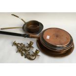 A vintage copper and brass skillet and saucepan, long handled bed warming pan, copper salver, and