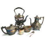 A Walker & Hall three piece plated tea set, silver sugar tongs, a plated coffee pot, and plated