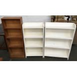 A mid-century oak narrow bookshelf of four shelves, 38x104cmH; together with two small white painted