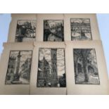A collection of six French woodblock prints, each titled and signed 'Liviol' lower right