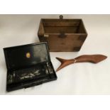 A Reeves and Son paint box; wooden fish; and wooden trug with metal brackets