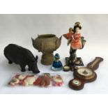 A mixed lot to include resin rhino, cast metal urn, Japanese geisha figure, glass scent bottle,