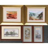 K Laing, two abstract acrylic landscapes, 11x14cm and 14x19cm; together with a small watercolour and