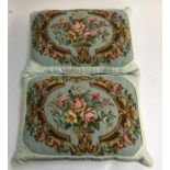 Two rectangular cushions with gros point embroidered floral panels