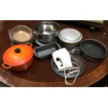 A mixed lot of kitchenalia, mostly baking related, included various cake tins, loaf tins, mixing