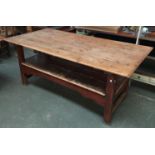 A possibly American metamorphic monk's bench/table, four plank top, 89x185x76.5cmH