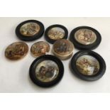 A collection of eight ceramic Prattware pot lids, 'War'; 'Peace'; 'Preparing for the Ride'; 'The