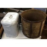 A vintage enamel breadbin, together with a wooden trough