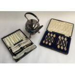 A good cased set of 12 silver teaspoons with sugar tongs, by Cooper Brothers, Sheffield, 1918;