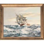 After Montague Dawson, tall ship at sea, print on board, 60x75cm; together with The Action Between